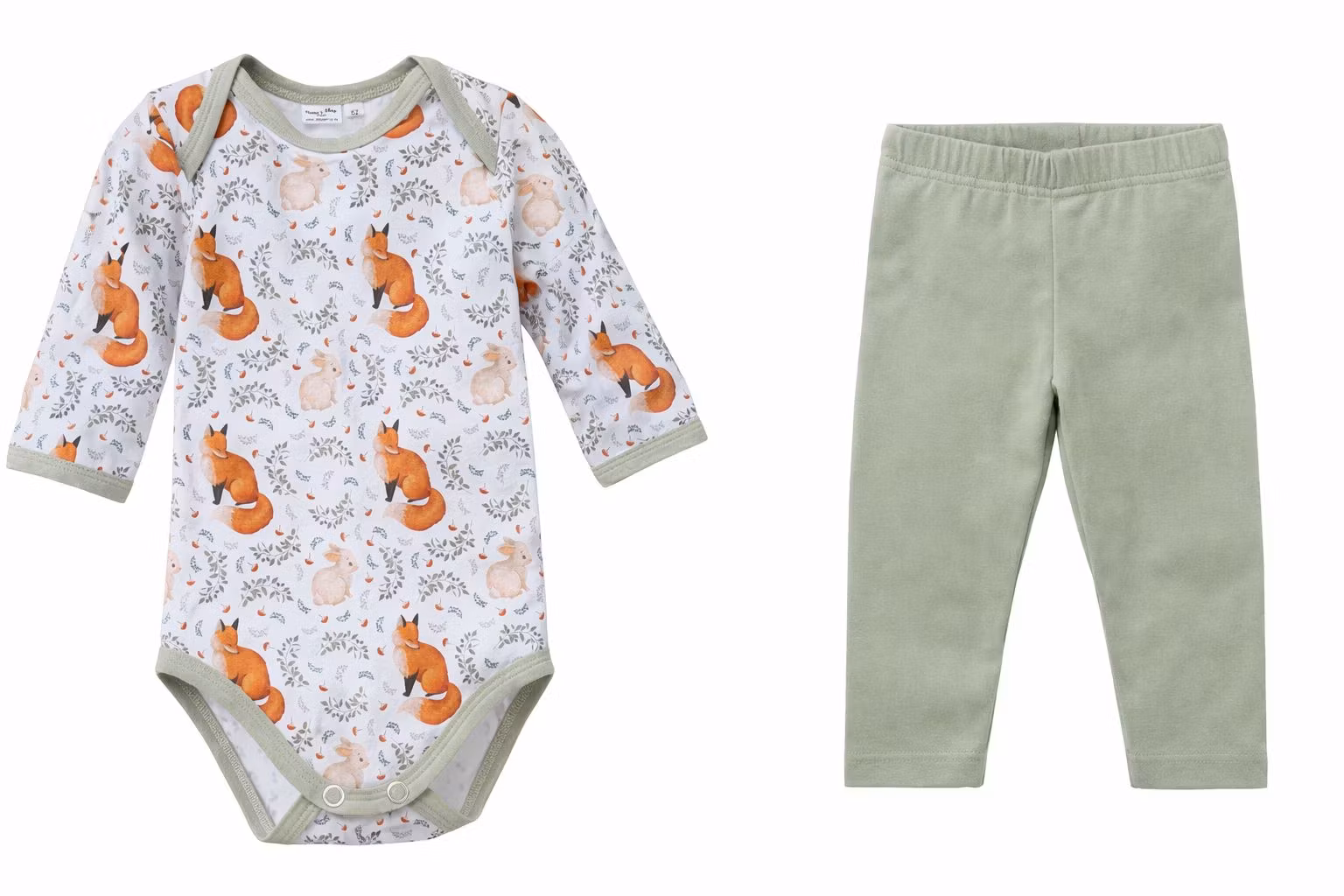 Ekologisk babybody med tights/byxa –  motiv räv & hare  - Ekologisk