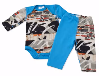 Ekologisk babybody med tights/byxa – mellanblå & digitalt mönster