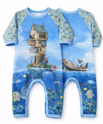 Ekologisk jumpsuit / pyjamas med fiskande smådjur