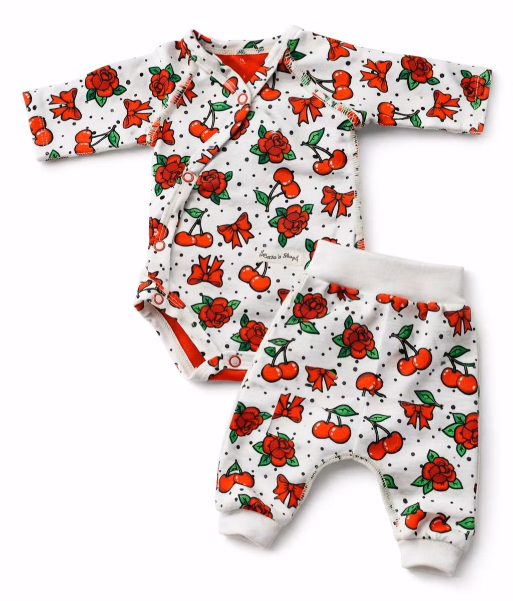 Prematur set – Babybody & byxa med rosor och körsbär - Ekologisk