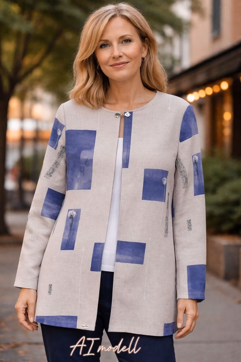 En lite längre sommarjacka i beige blå. Återbruk, Redesign, Zero Waste