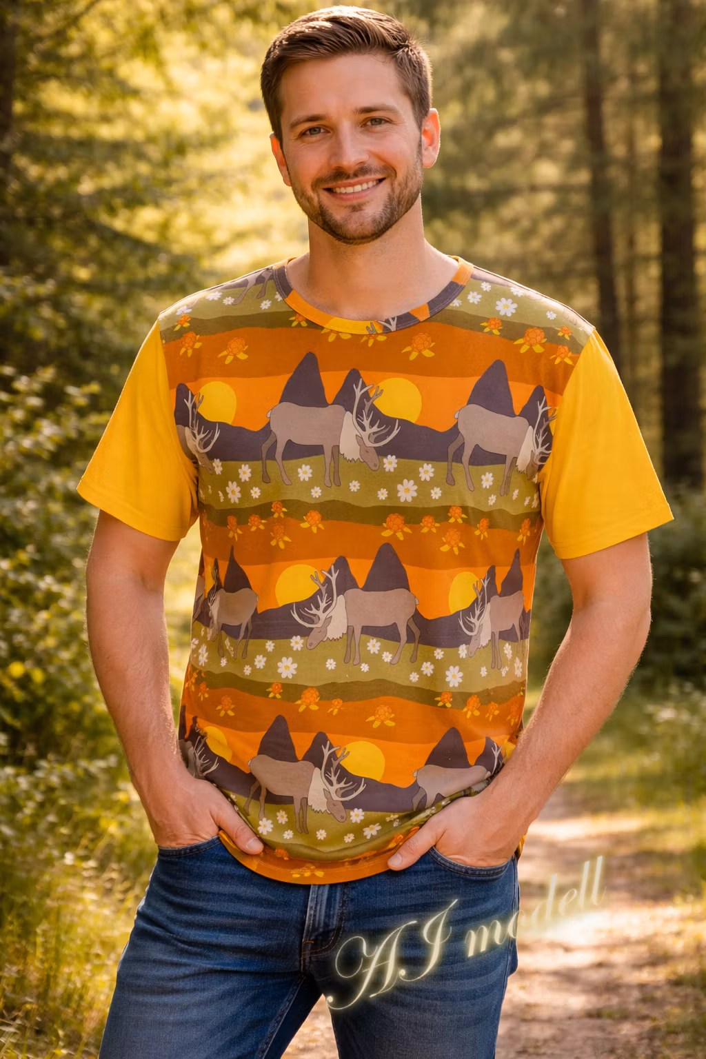 Midnight Sun t-shirt – där midnattssolen lyser över ett drömlikt landskap med renar och gyllene hjortron.