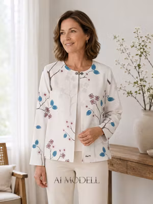 Damjacka cremevit med blommigt mönster