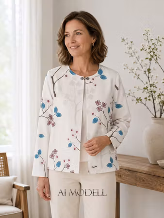 Damjacka cremevit med blommigt mönster