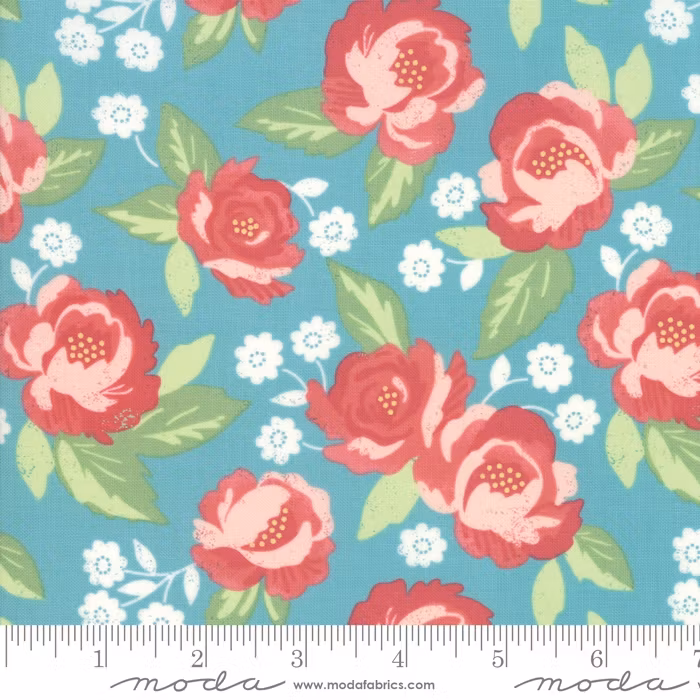 Bloomington - Turkis med store, røde blomster