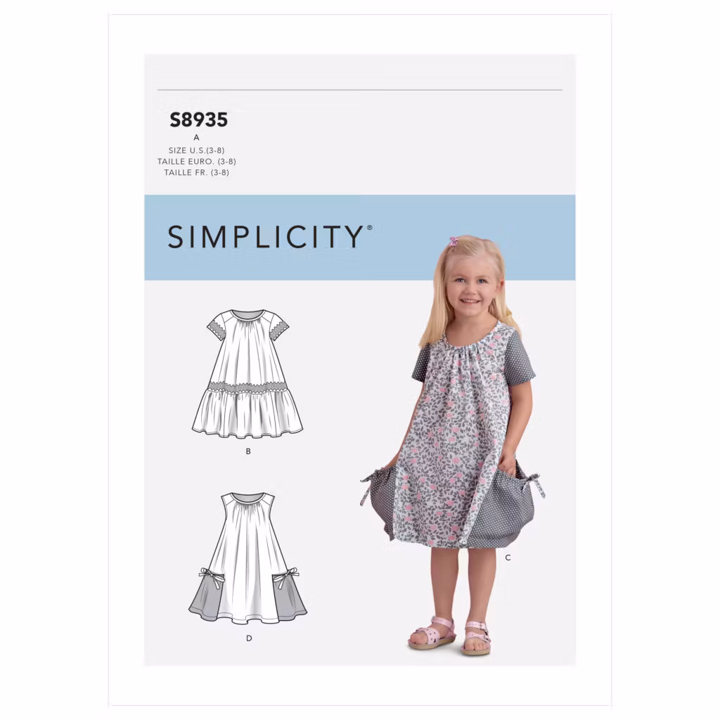 Simplicity S8935 Kjole med lommer og rynker i halsen til barn