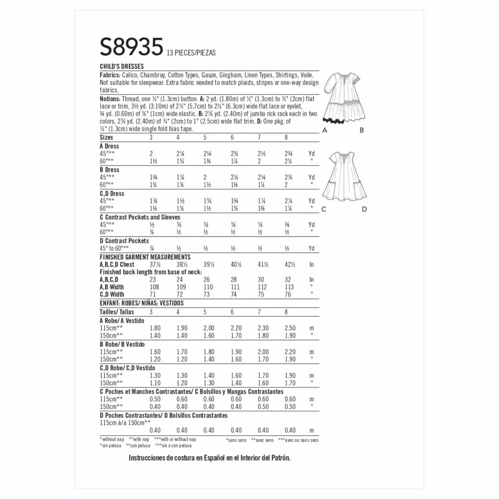 Simplicity S8935 Kjole med lommer og rynker i halsen til barn