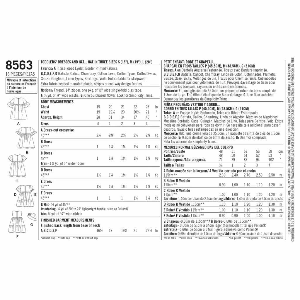 Simplicity8563 Kjole med rynker, puffermer og volanger. Solhatt.