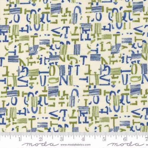 Collage- hvit med grønne og blå bokstaver