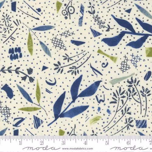 Collage-hvit med blå og grønne  blader