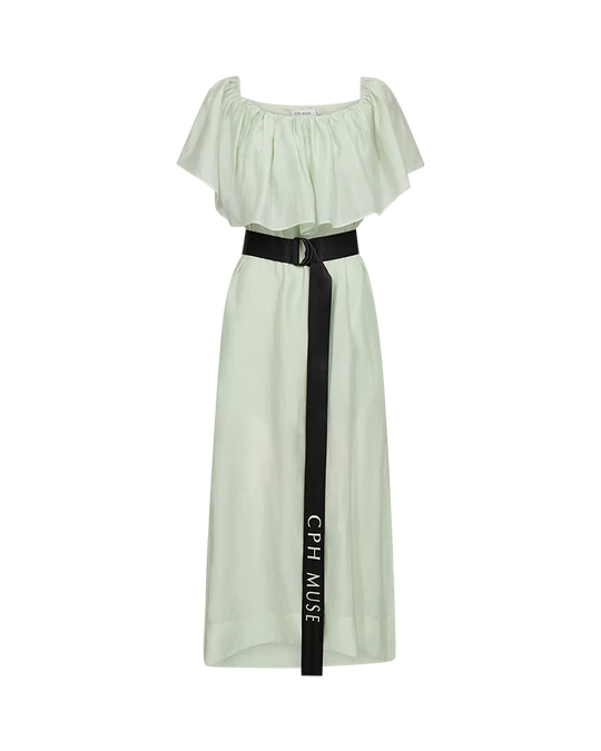 CMMOLLY - DRESS WITH RUFFLES AND BELT IN GREEN