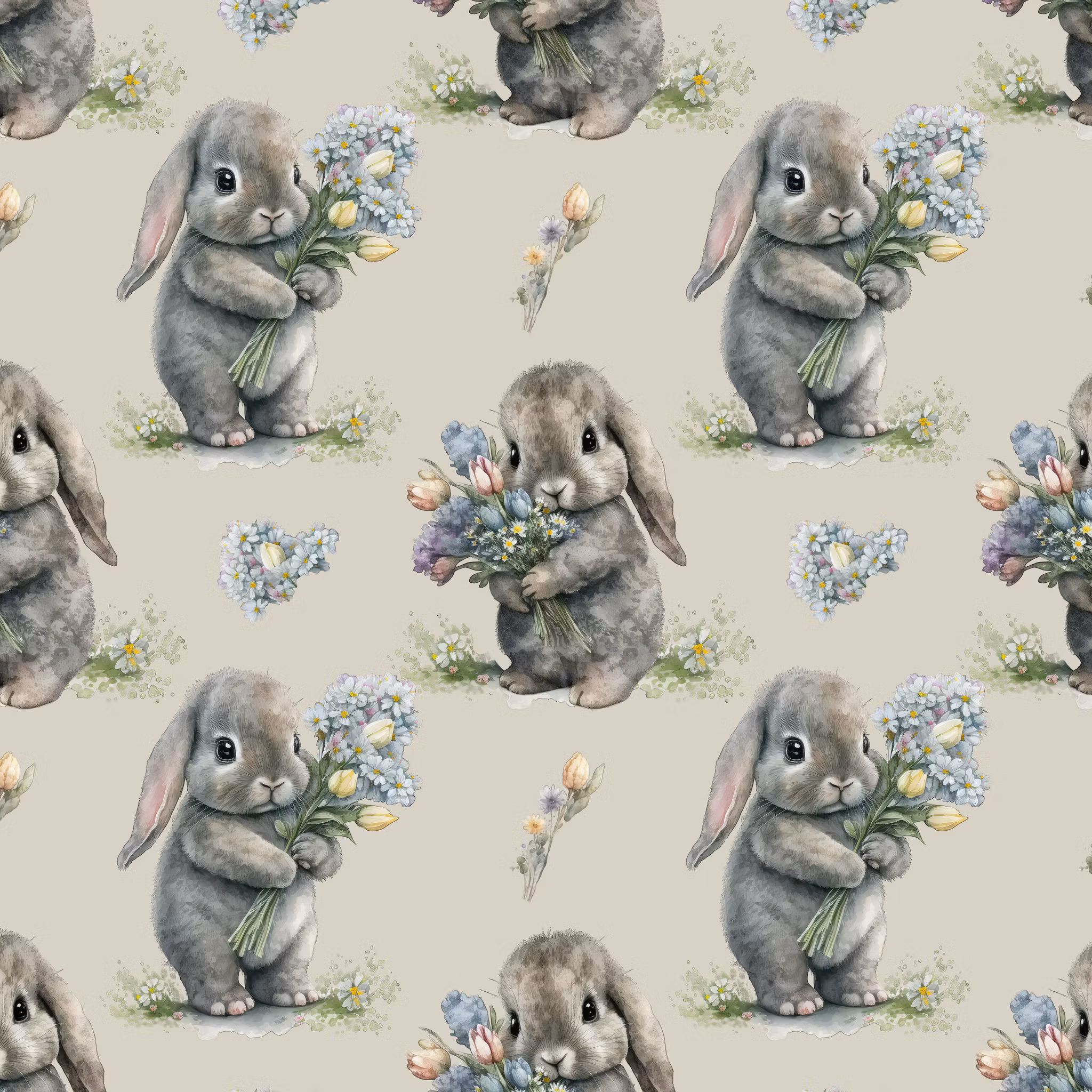Bunnies with flowers beige French terry