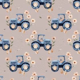 Traktor med blomster blå  French terry