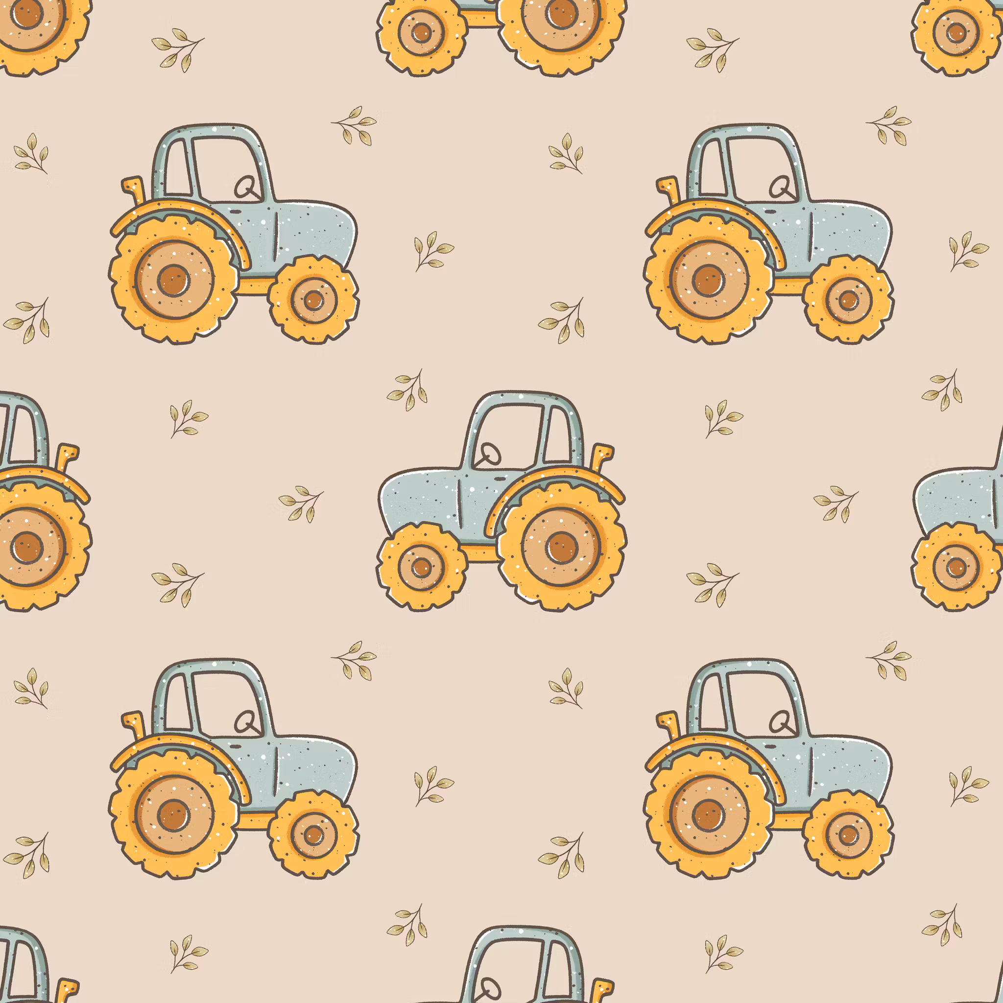 Traktor blå med blader beige jersey