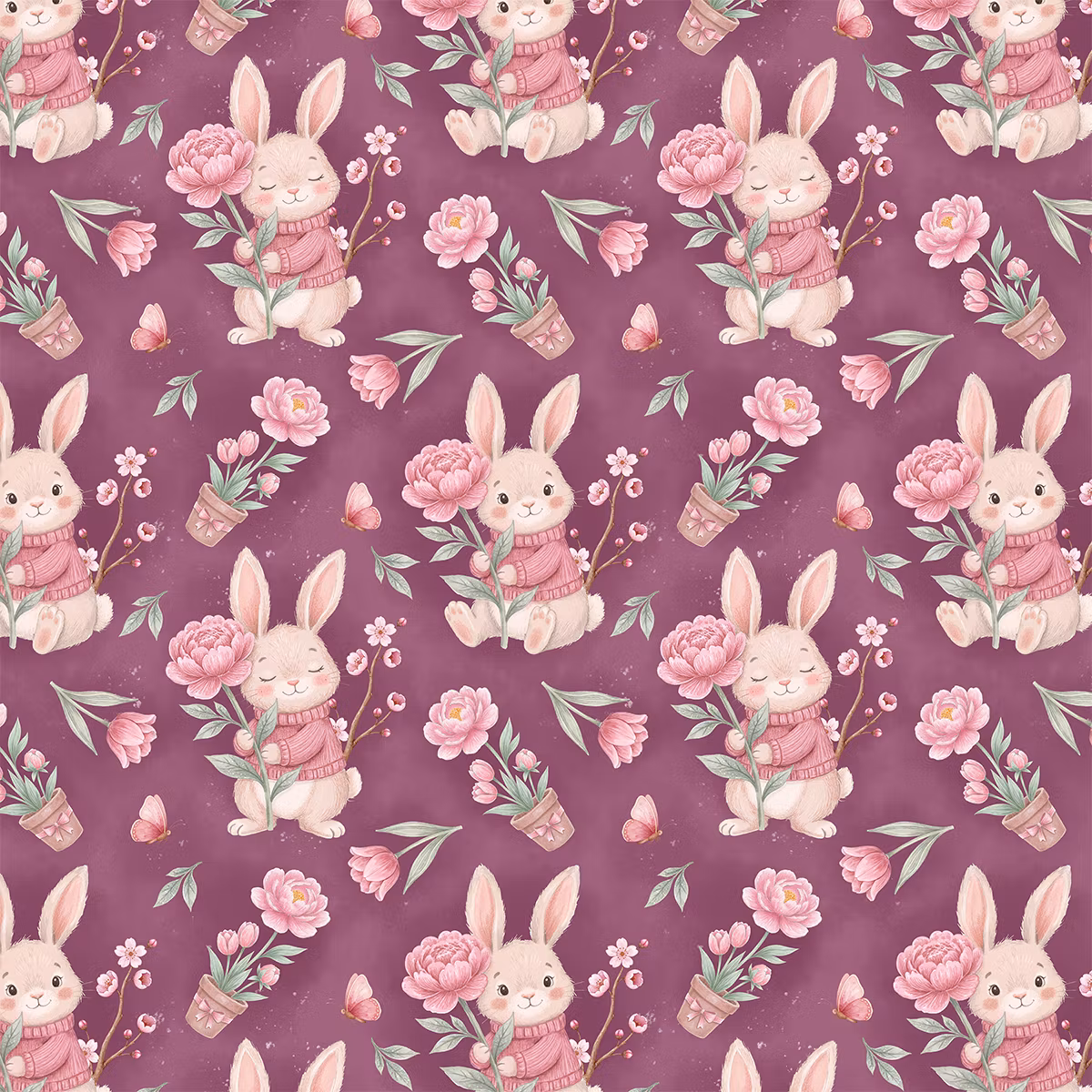 Kanin i blomstereng mauve jersey