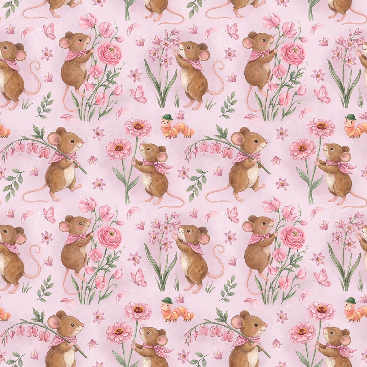 Mus i blomstereng rosa jersey