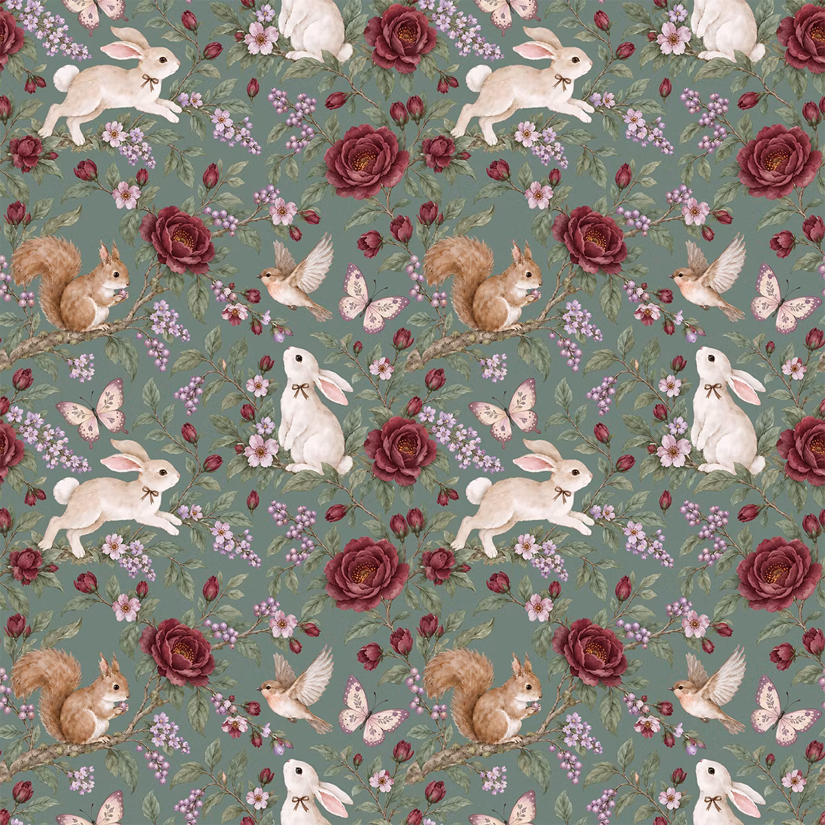 Woodland Animals and Roses purple French terry