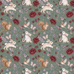 Woodland Animals and Roses purple French terry