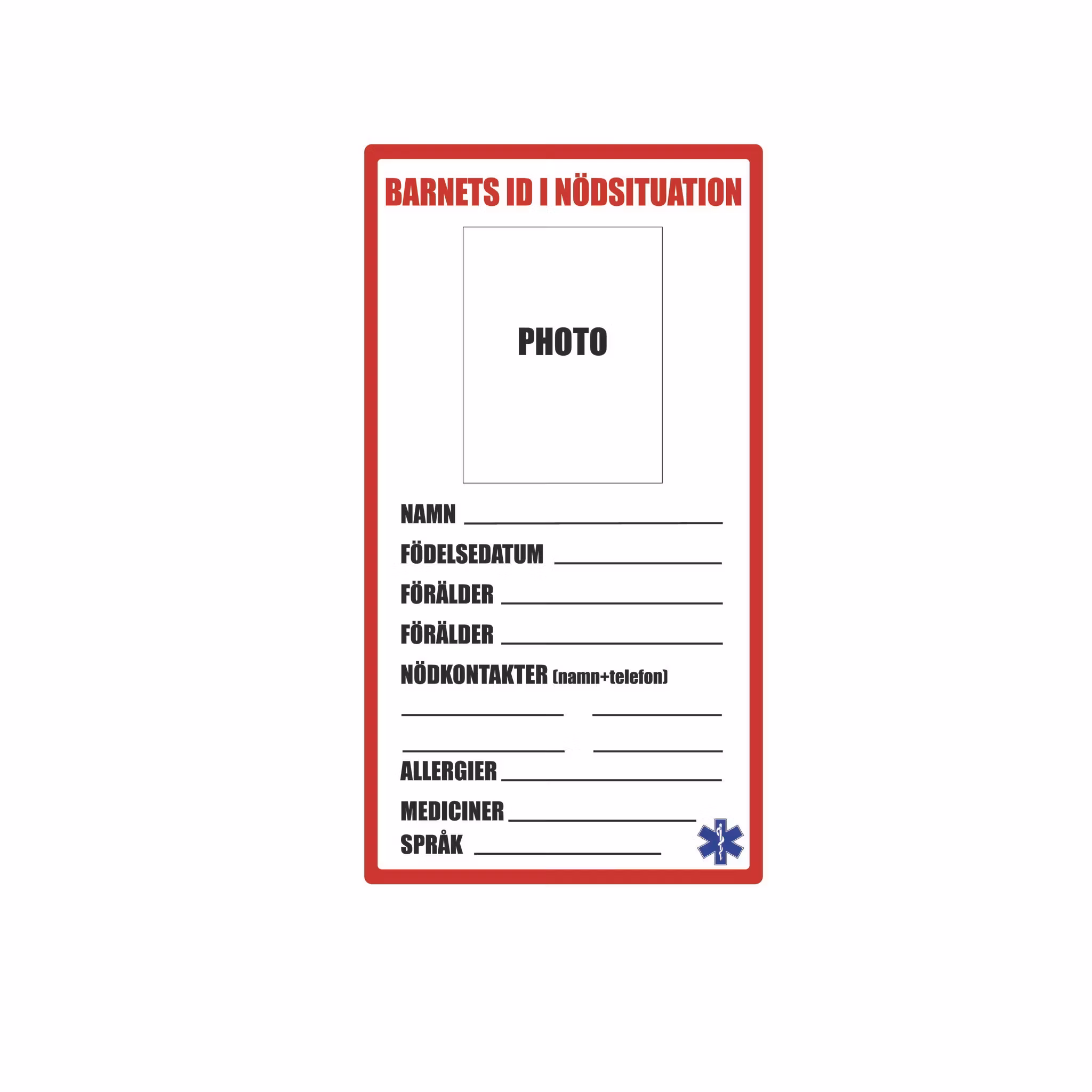 Barnets Id i nödsituation svenska med foto dekal 2 pack ( en för varje sida)
