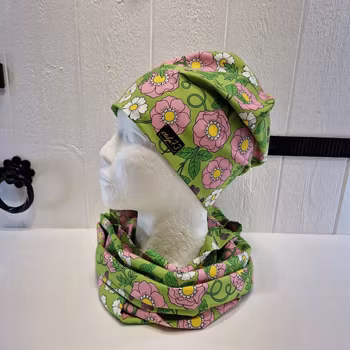 Tubsjal/halsduk retro blomma grön och rosa