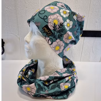 Tubsjal/halsduk retro blomma mörkgrön och ljusrosa