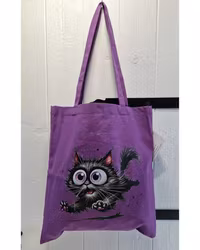 Tygkasse mörklila med svart katt