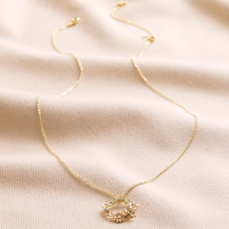Halsband – Rund blomsterkrans med bi, guld