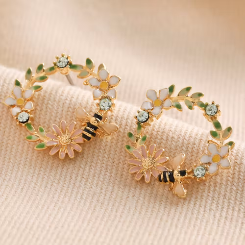 Örhängen – Rund blomsterkrans med bi