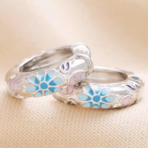 Örhängen – Cloisonné ring i silver, blått & rosa