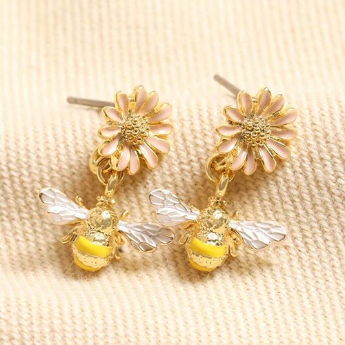 Örhängen – Gult bi & rosa blomma