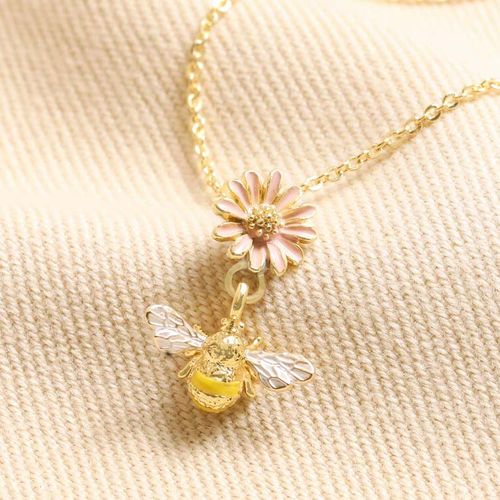 Halsband – Gult bi & rosa blomma