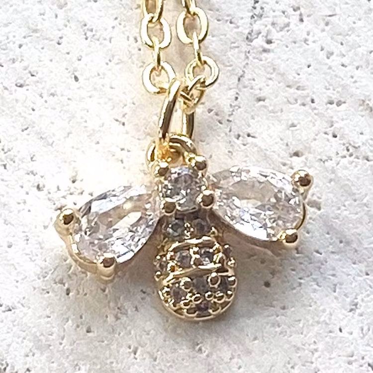 Bild som visar ett guldfärgat halsband med ett gnistrande bi.