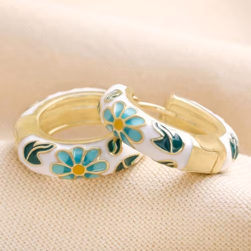 Örhängen – Cloisonné ring i vitt, blått & grönt
