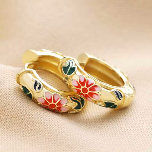 Örhängen – Cloisonné ring guld, rött, rosa & grönt