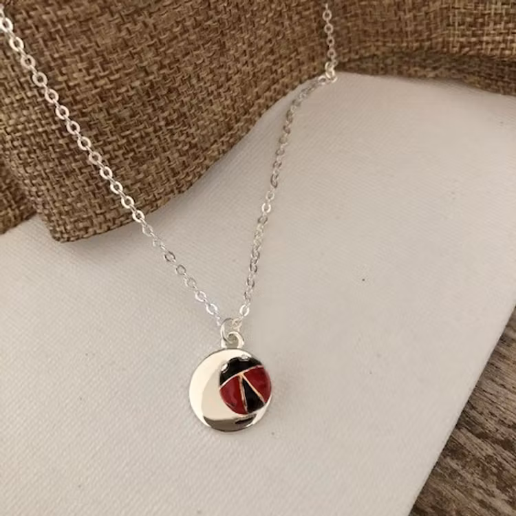 Halsband med en liten emaljerad nyckelpiga som sitter på en silverfärgad rund platta.