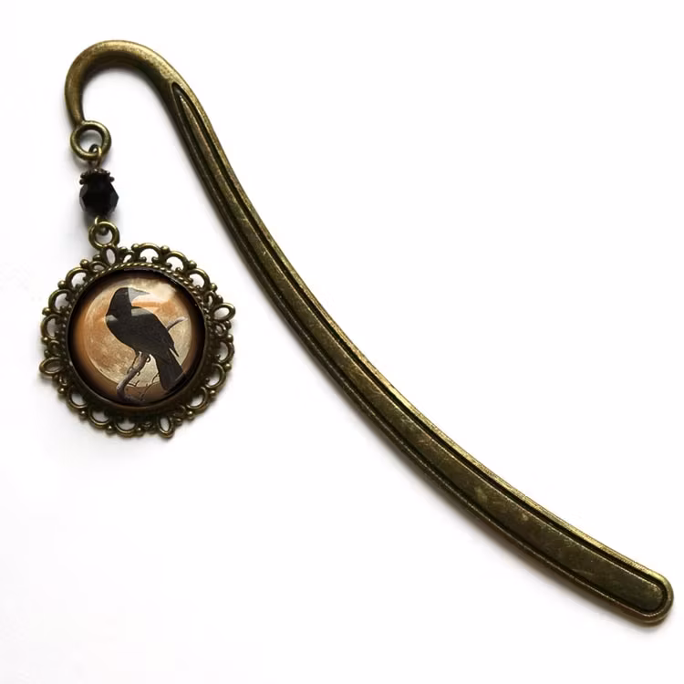 Bokmärke, book hook – Kråkfågel, orange måne