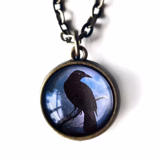 Halsband, dubbelsidig berlock – Kråkfågel, blå måne