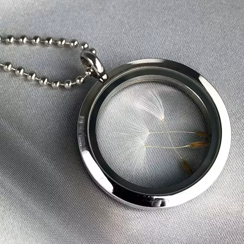 Halsband – Maskrosfrön i glasmedaljong, silver