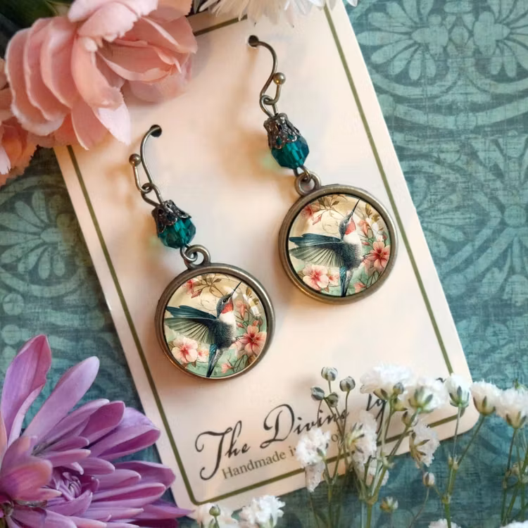 Örhängen, krok – Kolibri, Art Nouveau