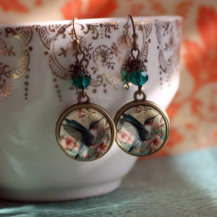 Örhängen, krok – Kolibri, Art Nouveau