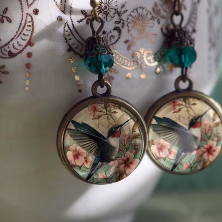 Örhängen, krok – Kolibri, Art Nouveau