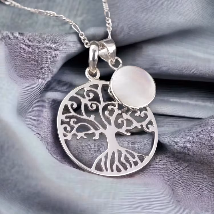 Halsband – Livets träd och pärlemorhänge, silver