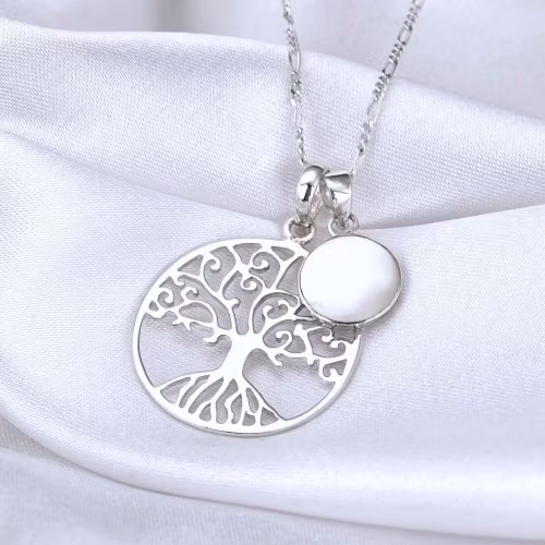 Halsband – Livets träd och pärlemorhänge, silver