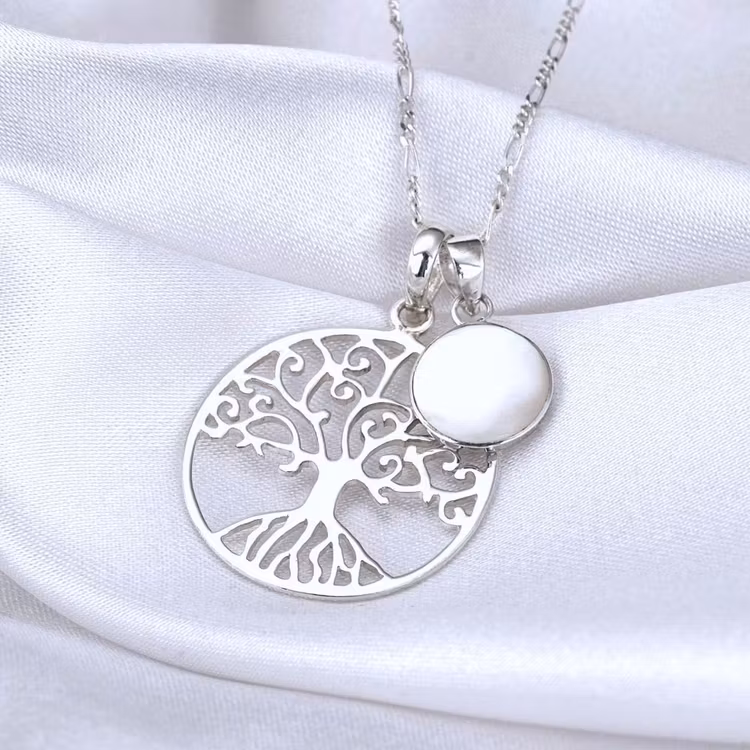 Halsband – Livets träd och pärlemorhänge, silver