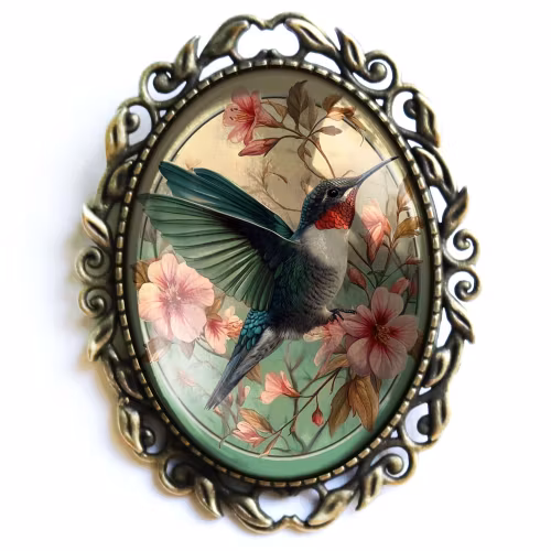 Brosch, stor oval – Kolibri, Art Nouveau