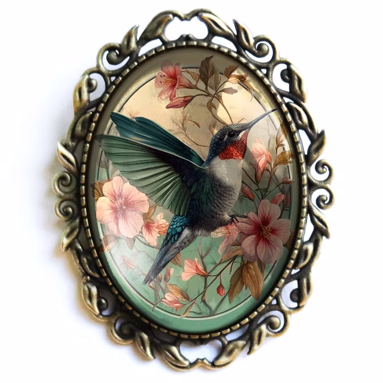 Brosch, stor oval – Kolibri, Art Nouveau