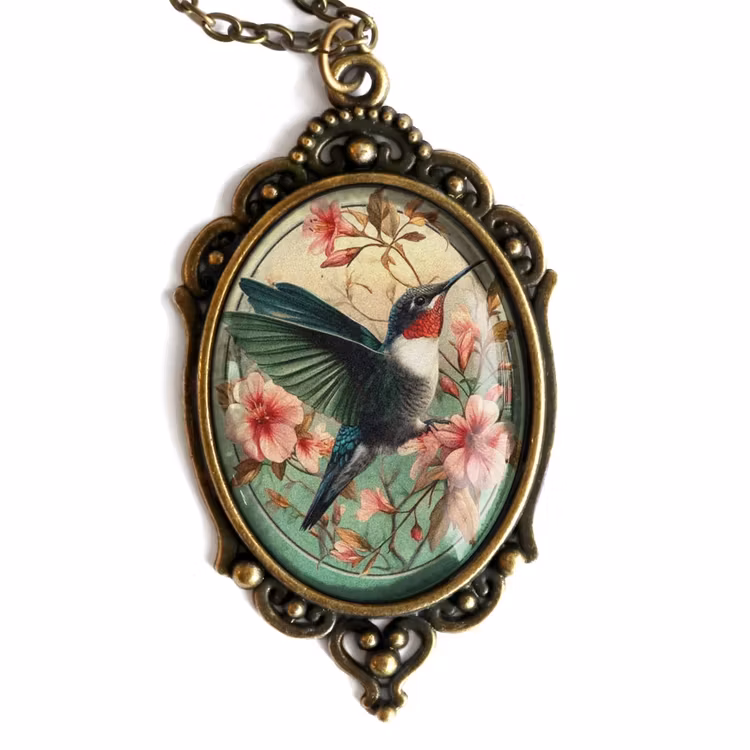 Halsband, stor oval berlock – Kolibri, Art Nouveau