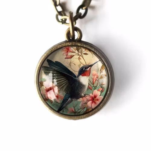 Halsband, dubbelsidig berlock – Kolibri, Art Nouveau