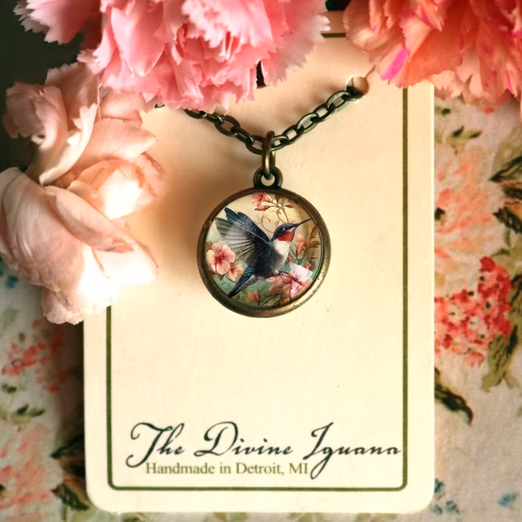 Halsband, dubbelsidig berlock – Kolibri, Art Nouveau