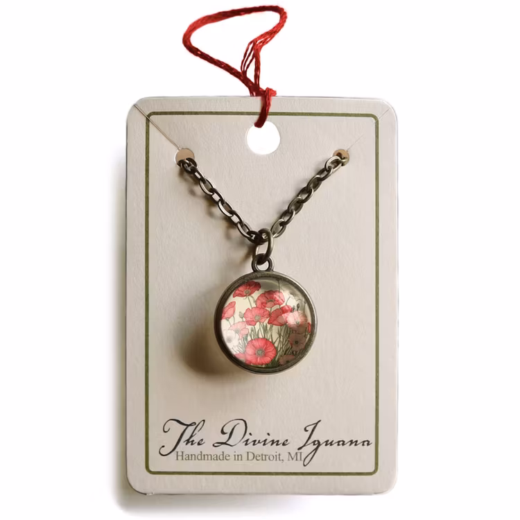 Halsband, dubbelsidig berlock – Rosa & röd vallmo